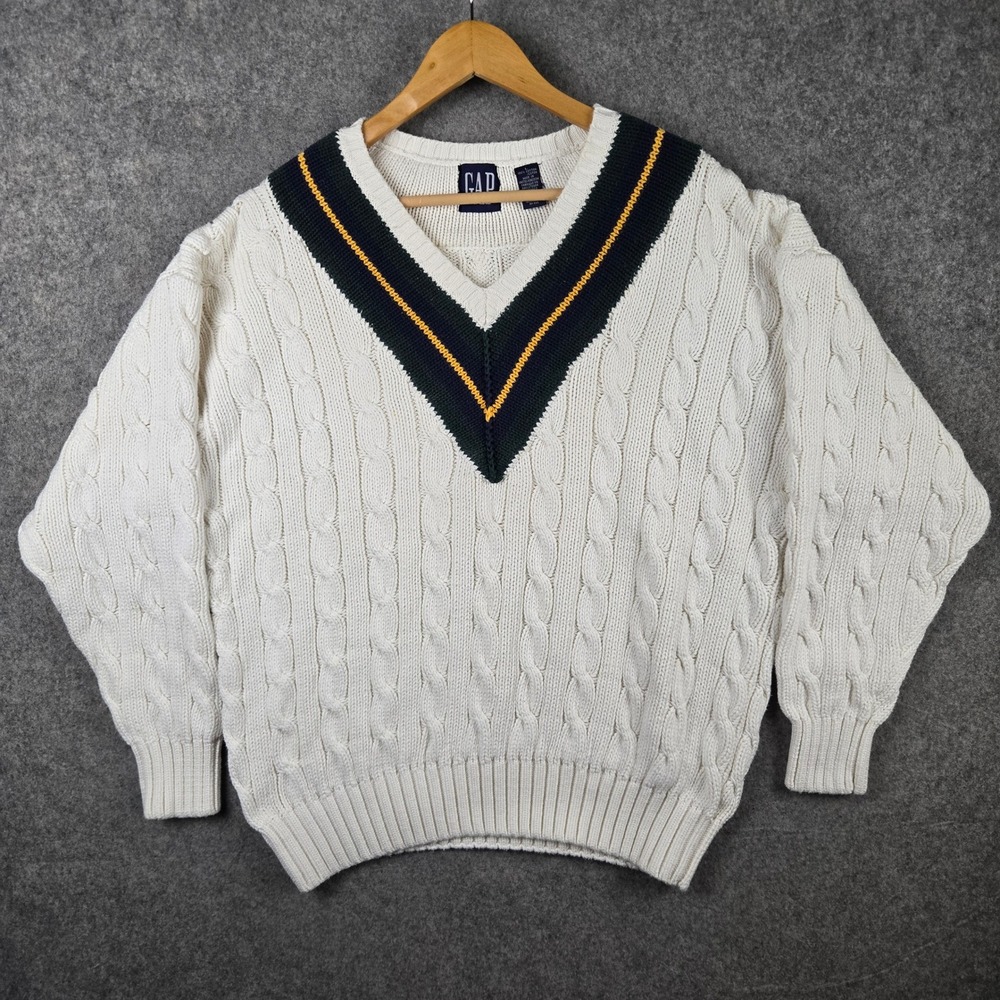 Vintage GAP Cricket Sweater Mens L White Cable Knit V-Neck Varsity 90s Preppy